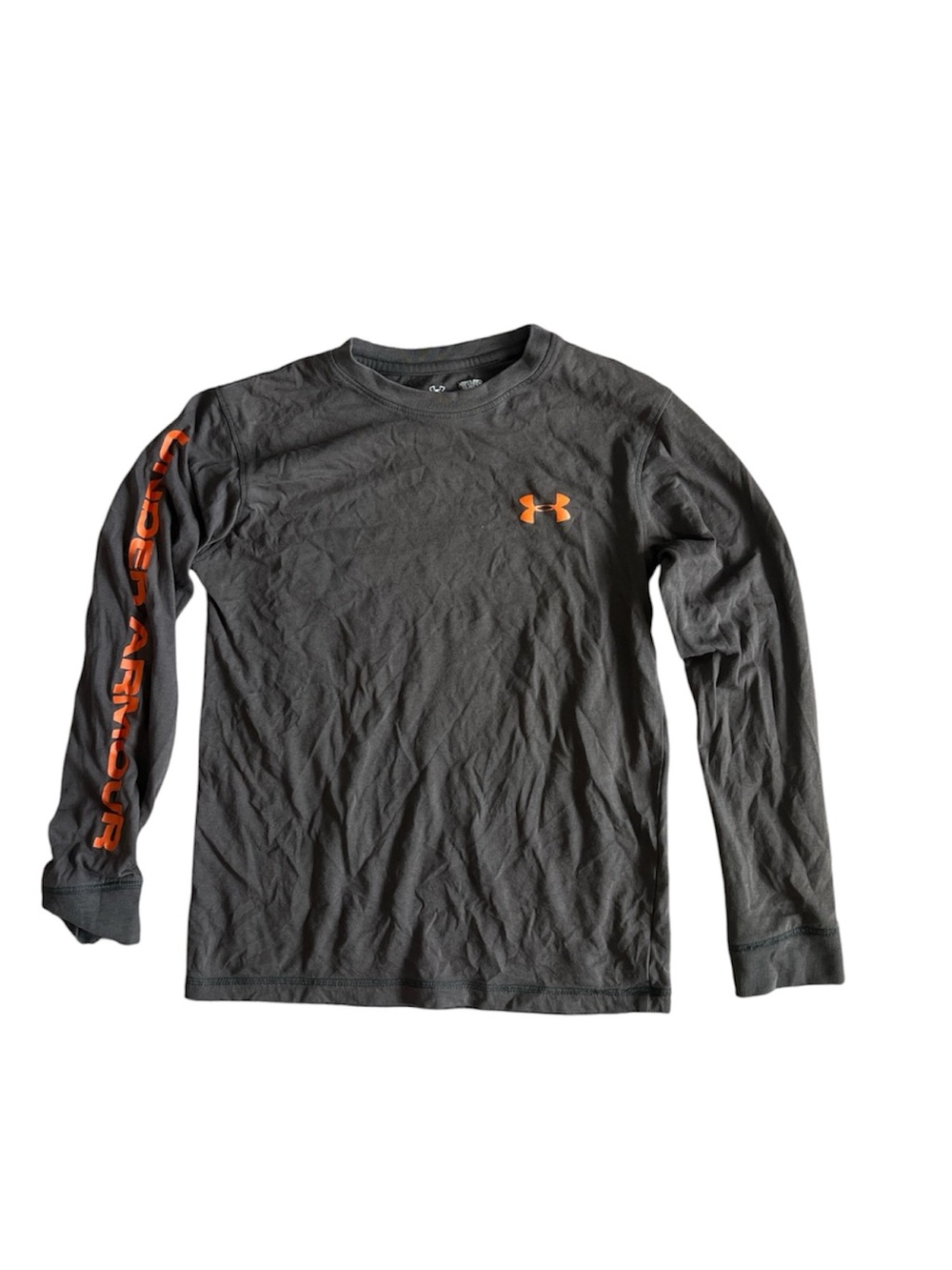 Under Armour Long Sleeve Crewneck Tee - Charcoal with Orange Logo Size Small